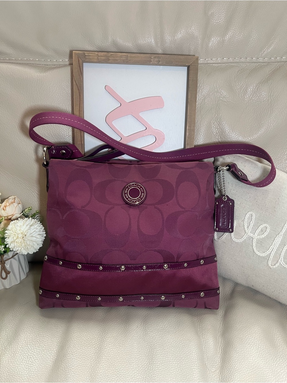 Vintage Coach Signature Sateen Studded Crossbody Bag in Plum (Purplish)